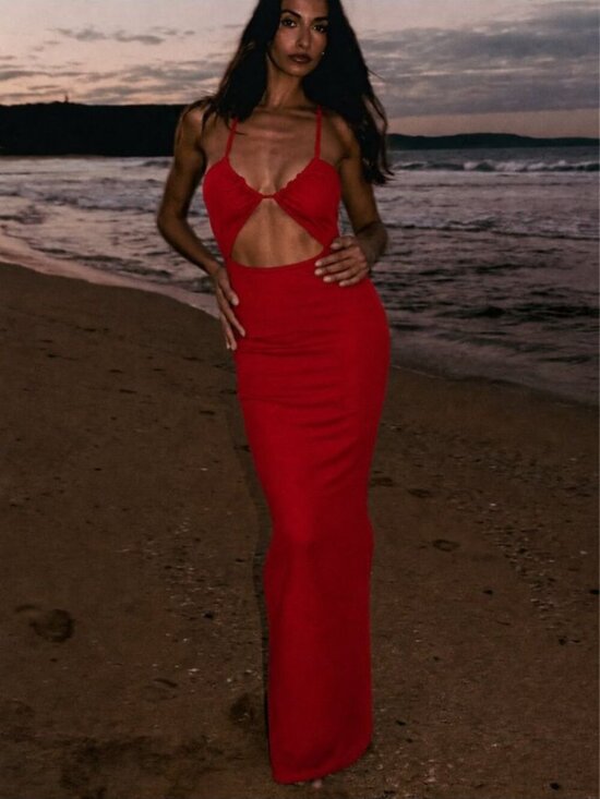 Meshki Dresses & Skirts - Meshki Maddie Ribbed Maxi Bodycon Dress Drawstring Cut Out Raspberry Red Small